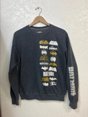 Batman Multi DC Logo on Mineral Wash Charcoal Crewneck Sweatshirt Medium